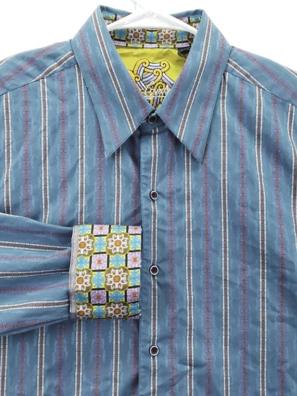 Robert Graham Shirt Mens Large Blue Striped Flip Cuffs Embroidered Button-Up